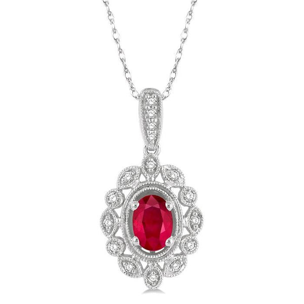 6x4 MM Oval Cut Ruby and 1/8 Ctw Lattice Round Cut Diamond Precious Pendant With Chain in 10K White Gold
