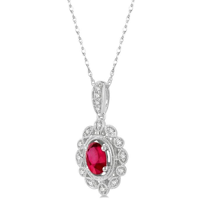 6x4 MM Oval Cut Ruby and 1/8 Ctw Lattice Round Cut Diamond Precious Pendant With Chain in 10K White Gold