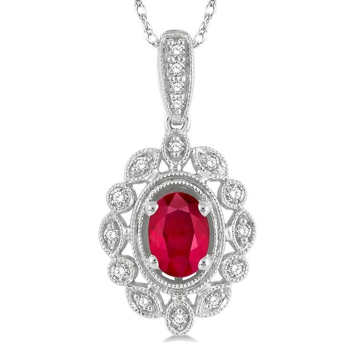 6x4 MM Oval Cut Ruby and 1/8 Ctw Lattice Round Cut Diamond Precious Pendant With Chain in 10K White Gold