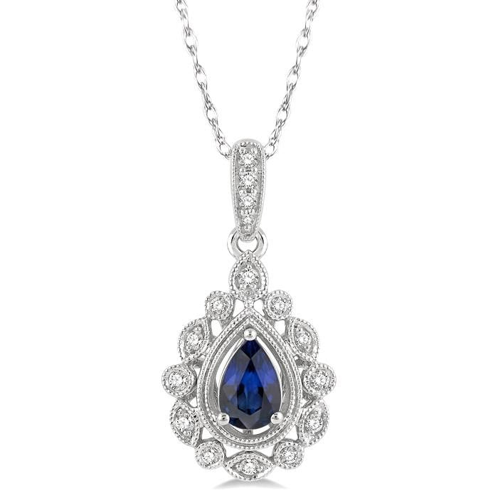 6x4 MM Pear Cut Sapphire and 1/8 Ctw Lattice Round Cut Diamond Precious Pendant With Chain in 10K White Gold