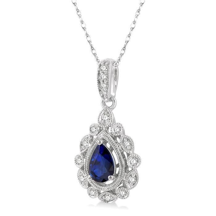 6x4 MM Pear Cut Sapphire and 1/8 Ctw Lattice Round Cut Diamond Precious Pendant With Chain in 10K White Gold