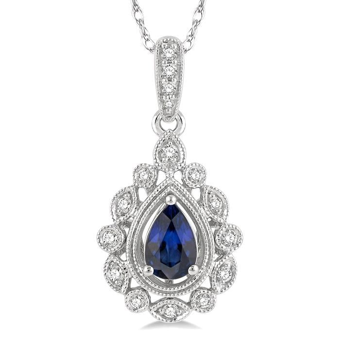 6x4 MM Pear Cut Sapphire and 1/8 Ctw Lattice Round Cut Diamond Precious Pendant With Chain in 10K White Gold