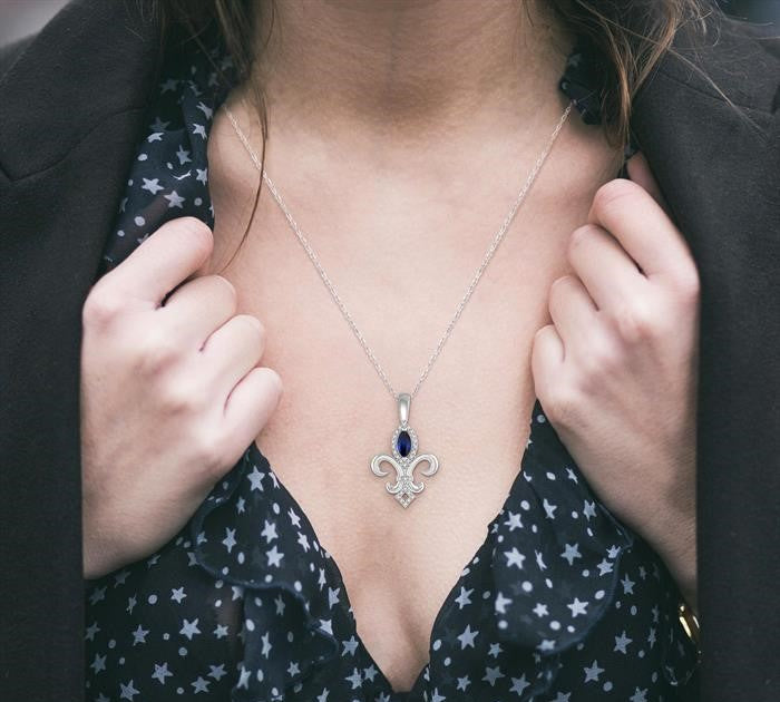 6x3 MM Marquise Shape Sapphire and 1/10 Ctw Round Cut Diamond Fleur De Lis Precious Pendant With Chain in 10K White Gold