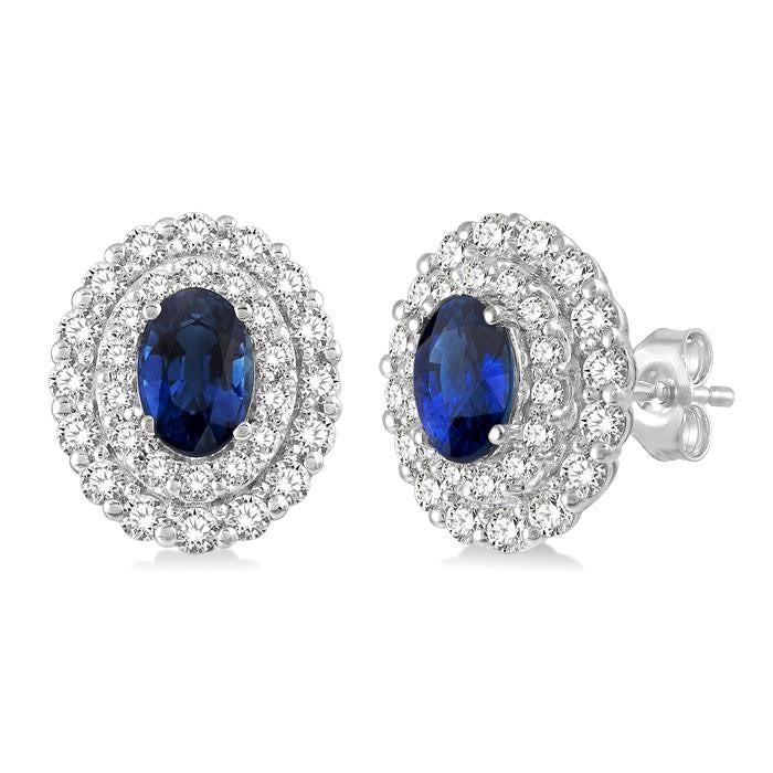 6X4 MM Oval Shape Sapphire and 3/4 Ctw Round Cut Diamond Precious Earrings in 14K White Gold