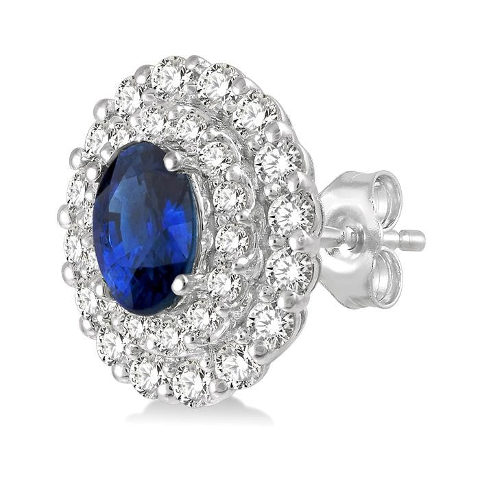 6X4 MM Oval Shape Sapphire and 3/4 Ctw Round Cut Diamond Precious Earrings in 14K White Gold
