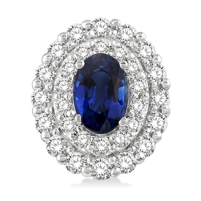 6X4 MM Oval Shape Sapphire and 3/4 Ctw Round Cut Diamond Precious Earrings in 14K White Gold