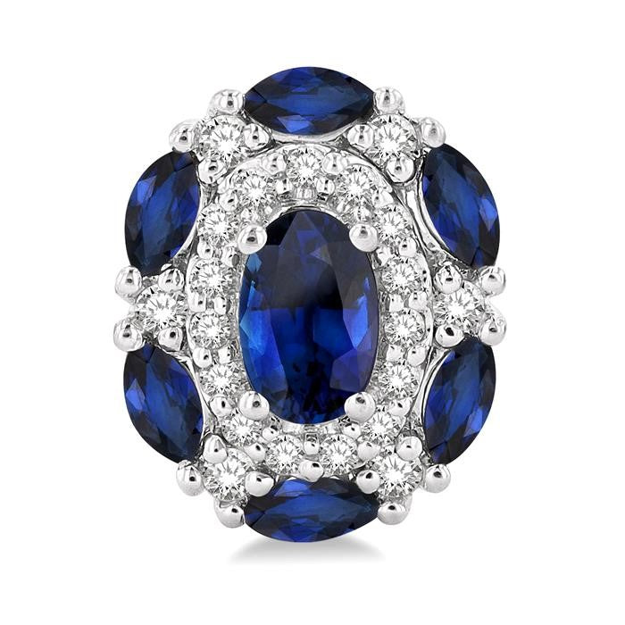 5x3 MM Oval Cut and 3X1.5 MM Marquise Cut Sapphire and 1/5 Ctw Round Cut Diamond Precious Earrings in 14K White Gold