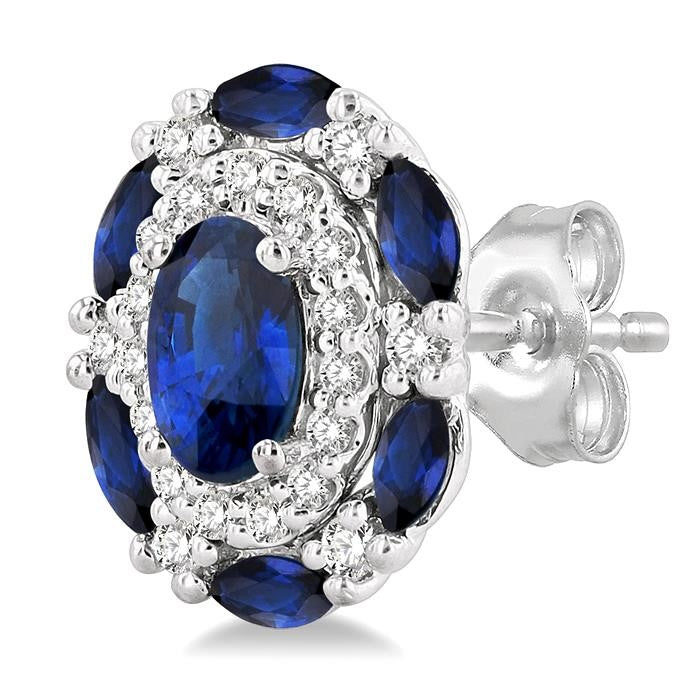 5x3 MM Oval Cut and 3X1.5 MM Marquise Cut Sapphire and 1/5 Ctw Round Cut Diamond Precious Earrings in 14K White Gold