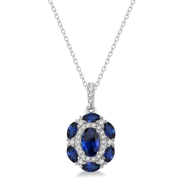 6x4 MM Oval Cut & 4x2 MM Marquise Cut Sapphire and 1/6 Ctw Round Cut Diamond Precious Pendant With Chain in 14K White Gold