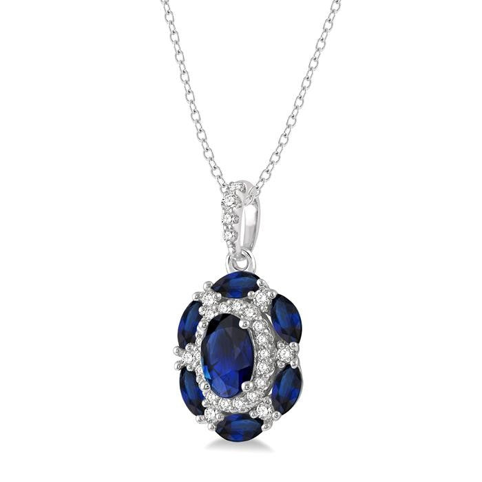 6x4 MM Oval Cut & 4x2 MM Marquise Cut Sapphire and 1/6 Ctw Round Cut Diamond Precious Pendant With Chain in 14K White Gold