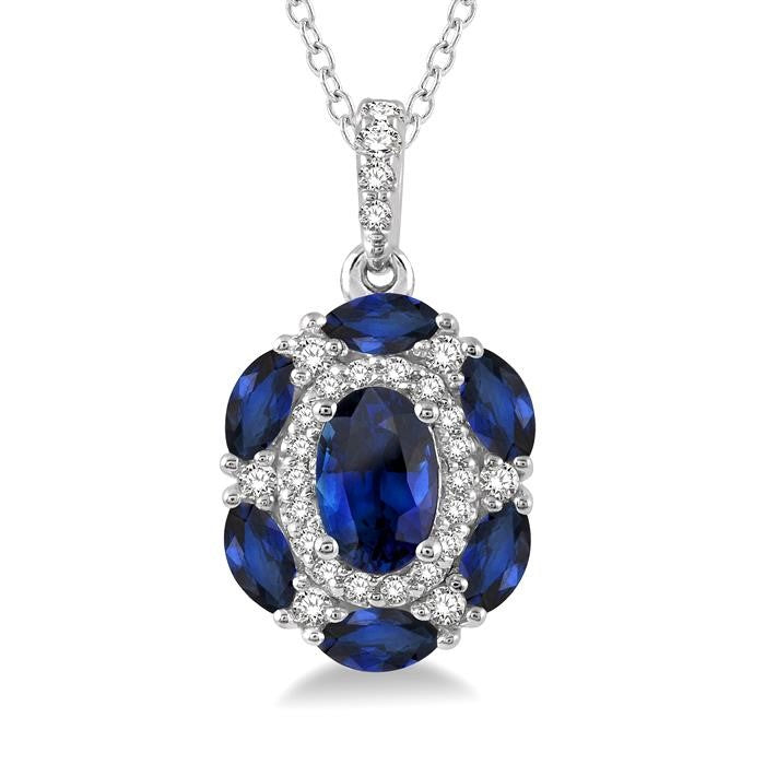 6x4 MM Oval Cut & 4x2 MM Marquise Cut Sapphire and 1/6 Ctw Round Cut Diamond Precious Pendant With Chain in 14K White Gold