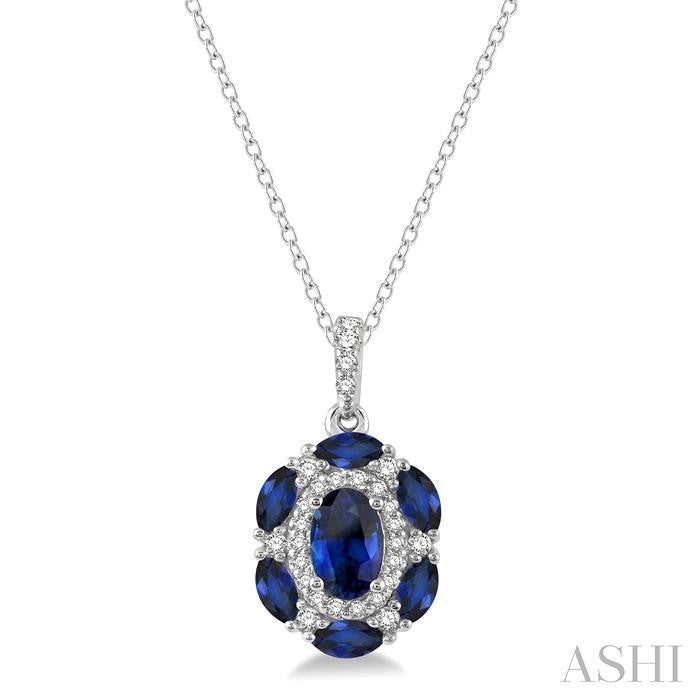 6x4 MM Oval Cut & 4x2 MM Marquise Cut Sapphire and 1/6 Ctw Round Cut Diamond Precious Pendant With Chain in 14K White Gold