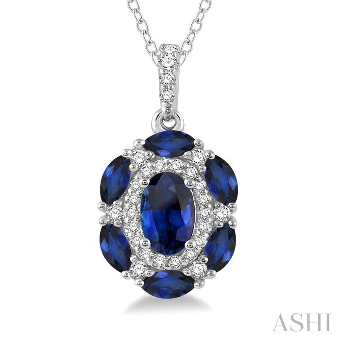 6x4 MM Oval Cut & 4x2 MM Marquise Cut Sapphire and 1/6 Ctw Round Cut Diamond Precious Pendant With Chain in 14K White Gold