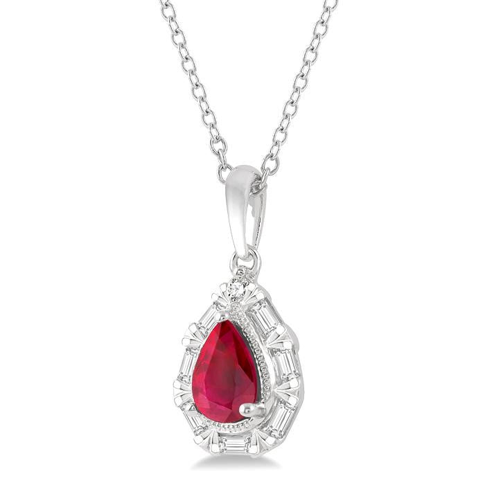 6x4 MM Pear Shape Ruby and 1/5 Ctw Baguette and Round Cut Diamond Precious Pendant With Chain in 14K White Gold