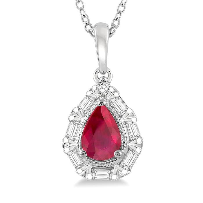 6x4 MM Pear Shape Ruby and 1/5 Ctw Baguette and Round Cut Diamond Precious Pendant With Chain in 14K White Gold