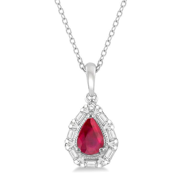 6x4 MM Pear Shape Ruby and 1/5 Ctw Baguette and Round Cut Diamond Precious Pendant With Chain in 14K White Gold