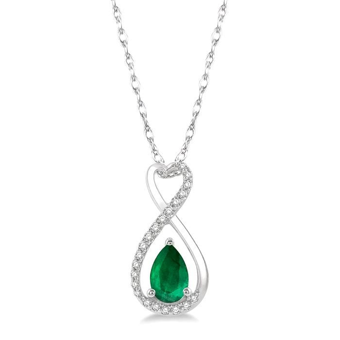 6X4 MM Pear Cut Emerald and 1/10 Ctw Eternity Round Cut Diamond Precious Pendant With Chain in 10K White Gold