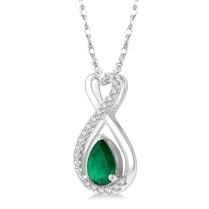 6X4 MM Pear Cut Emerald and 1/10 Ctw Eternity Round Cut Diamond Precious Pendant With Chain in 10K White Gold