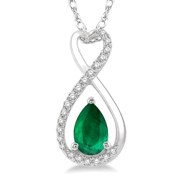 6X4 MM Pear Cut Emerald and 1/10 Ctw Eternity Round Cut Diamond Precious Pendant With Chain in 10K White Gold
