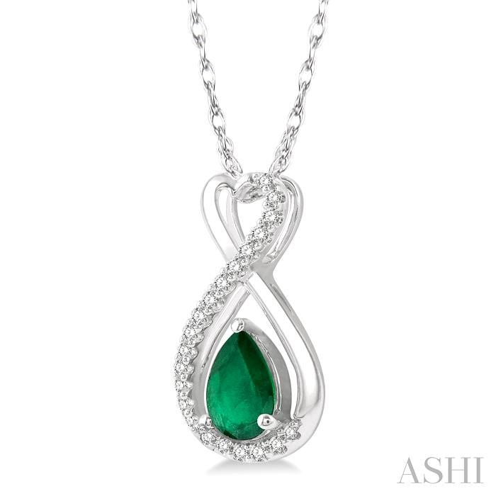 6X4 MM Pear Cut Emerald and 1/10 Ctw Eternity Round Cut Diamond Precious Pendant With Chain in 10K White Gold