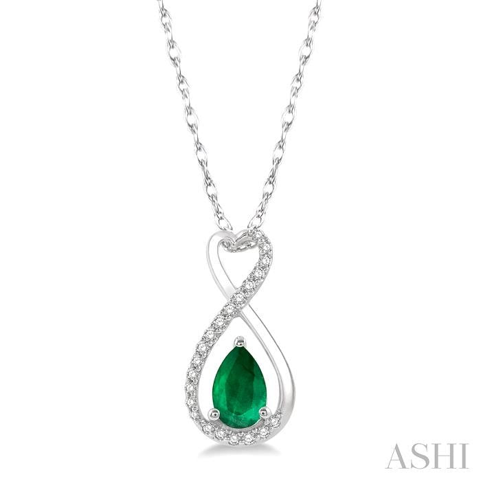 6X4 MM Pear Cut Emerald and 1/10 Ctw Eternity Round Cut Diamond Precious Pendant With Chain in 10K White Gold