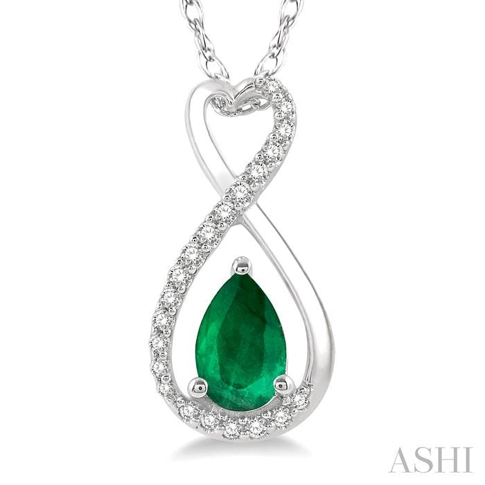 6X4 MM Pear Cut Emerald and 1/10 Ctw Eternity Round Cut Diamond Precious Pendant With Chain in 10K White Gold