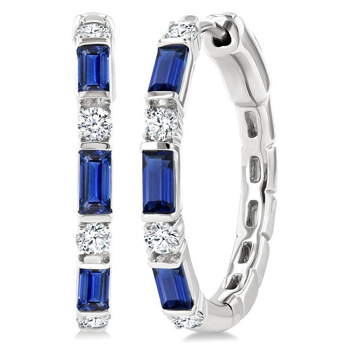 4X2 MM Baguette Cut Sapphire and 1/3 Ctw Art Deco Round Cut Diamond Precious Hoop Earrings in 14K White Gold