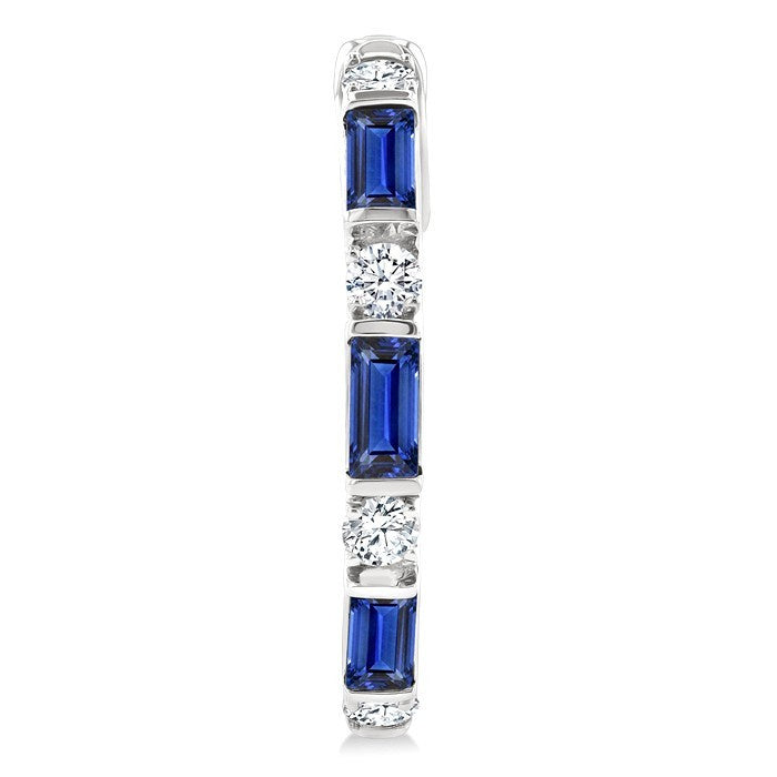 4X2 MM Baguette Cut Sapphire and 1/3 Ctw Art Deco Round Cut Diamond Precious Hoop Earrings in 14K White Gold