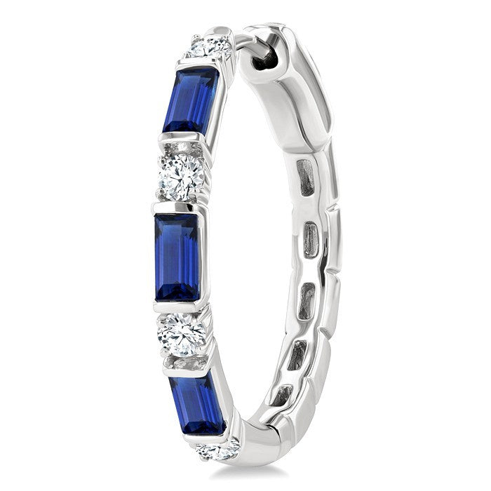4X2 MM Baguette Cut Sapphire and 1/3 Ctw Art Deco Round Cut Diamond Precious Hoop Earrings in 14K White Gold