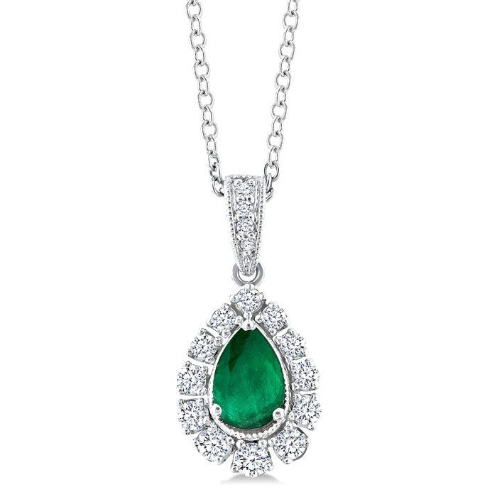 6X4 MM Pear Cut Emerald and 1/4 Ctw Round Cut Diamond Precious Pendant With Chain in 14K White Gold