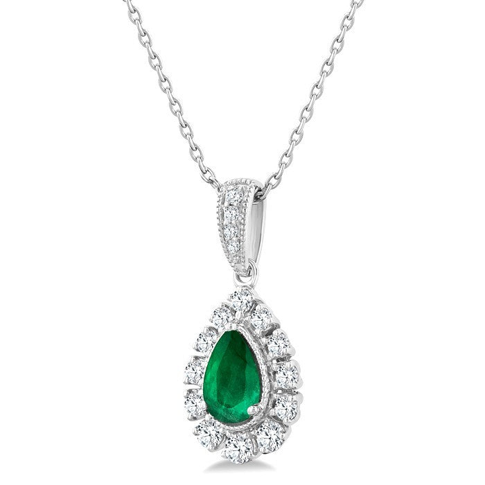 6X4 MM Pear Cut Emerald and 1/4 Ctw Round Cut Diamond Precious Pendant With Chain in 14K White Gold