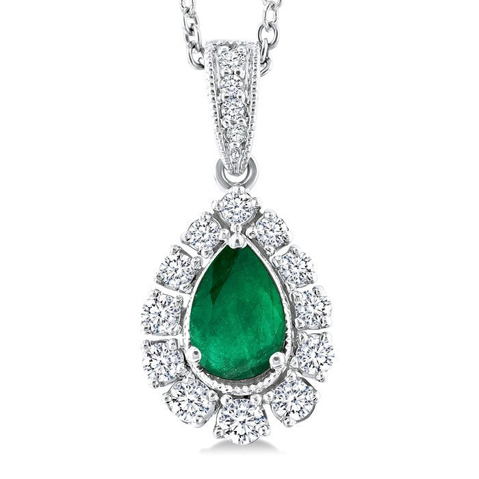 6X4 MM Pear Cut Emerald and 1/4 Ctw Round Cut Diamond Precious Pendant With Chain in 14K White Gold