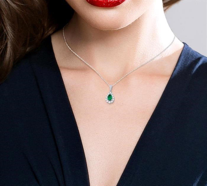 6X4 MM Pear Cut Emerald and 1/4 Ctw Round Cut Diamond Precious Pendant With Chain in 14K White Gold