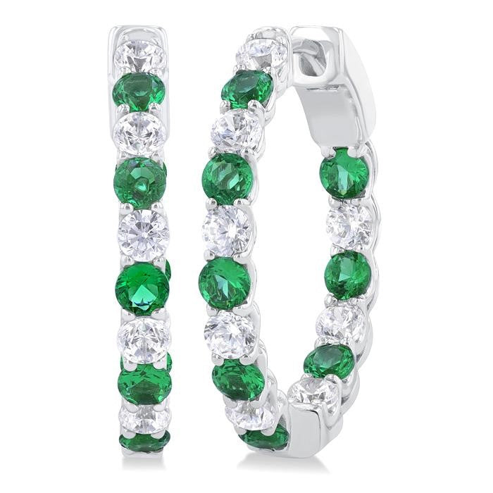 2.4 MM Round Shape Emerald and 5/8 Ctw Interior & Exterior Round Cut Diamond Precious Hoop Earrings in 14K White Gold