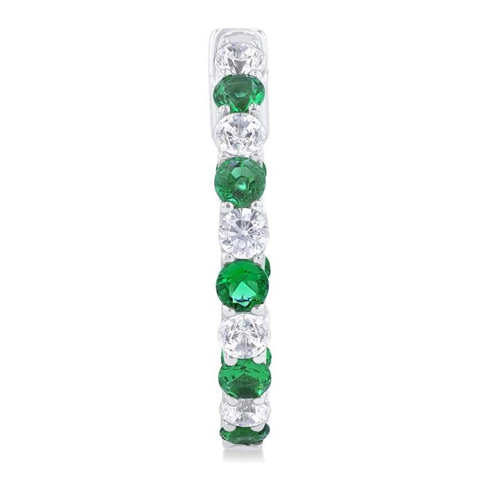 2.4 MM Round Shape Emerald and 5/8 Ctw Interior & Exterior Round Cut Diamond Precious Hoop Earrings in 14K White Gold