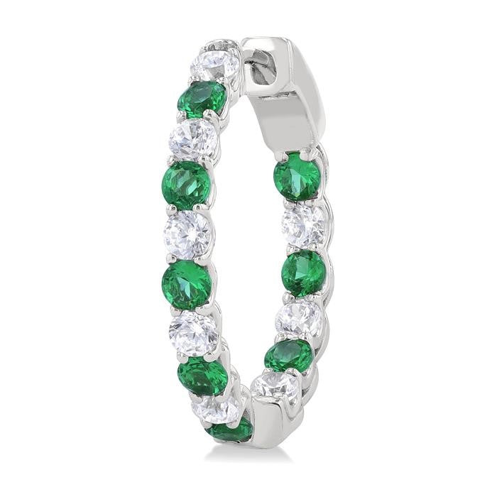 2.4 MM Round Shape Emerald and 5/8 Ctw Interior & Exterior Round Cut Diamond Precious Hoop Earrings in 14K White Gold