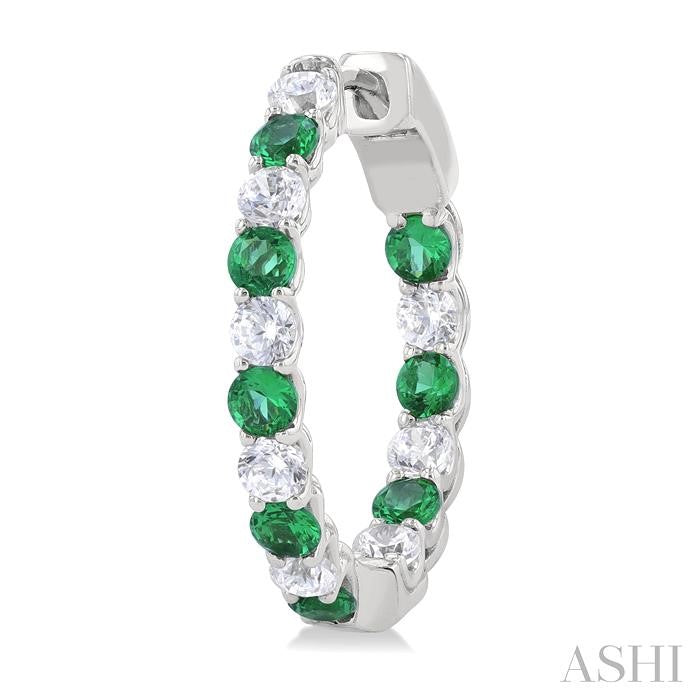 2.4 MM Round Shape Emerald and 5/8 Ctw Interior & Exterior Round Cut Diamond Precious Hoop Earrings in 14K White Gold