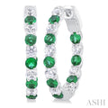 2.4 MM Round Shape Emerald and 5/8 Ctw Interior & Exterior Round Cut Diamond Precious Hoop Earrings in 14K White Gold