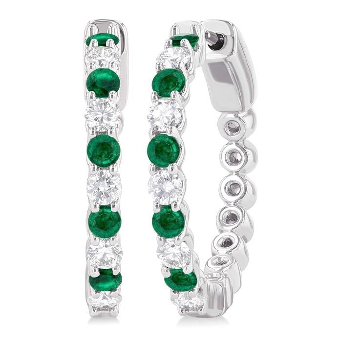 2.4 MM Round Shape Emerald and 5/8 Ctw Round Cut Diamond Precious Hoop Earrings in 14K White Gold