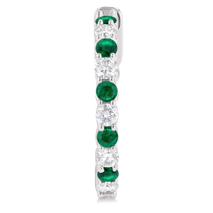 2.4 MM Round Shape Emerald and 5/8 Ctw Round Cut Diamond Precious Hoop Earrings in 14K White Gold