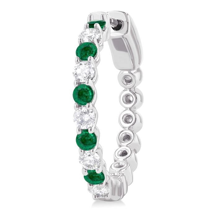 2.4 MM Round Shape Emerald and 5/8 Ctw Round Cut Diamond Precious Hoop Earrings in 14K White Gold