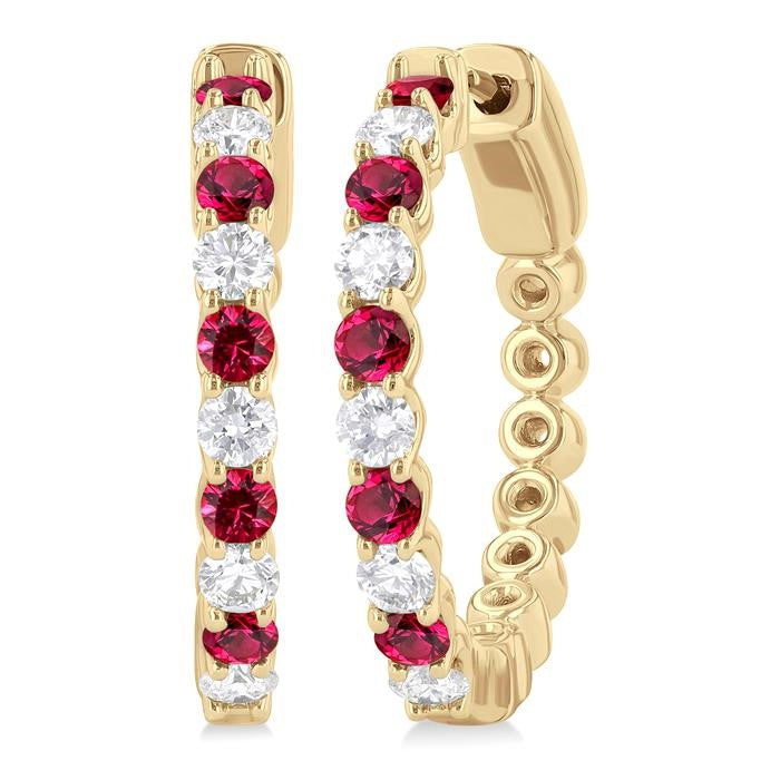 2.4 MM Round Cut Ruby and 5/8 Ctw Round Cut Diamond Precious Hoop Earrings in 14K Yellow Gold