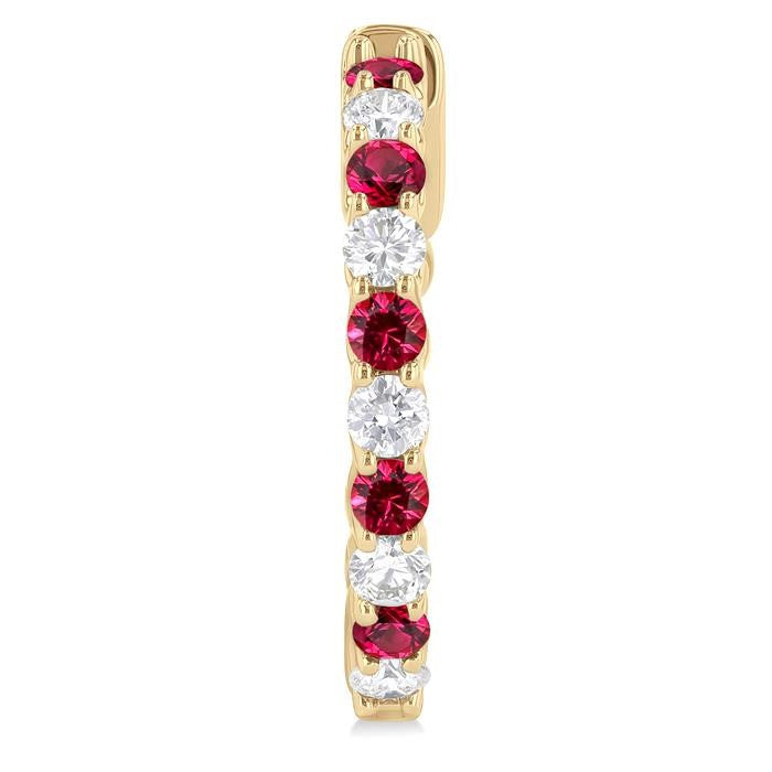 2.4 MM Round Cut Ruby and 5/8 Ctw Round Cut Diamond Precious Hoop Earrings in 14K Yellow Gold