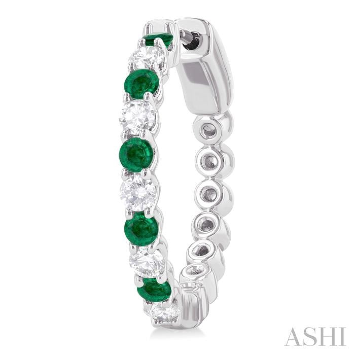 2.4 MM Round Shape Emerald and 5/8 Ctw Round Cut Diamond Precious Hoop Earrings in 14K White Gold