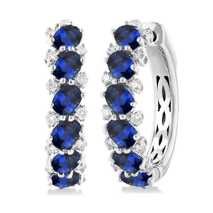 4X3 MM Oval Cut Sapphire and 1/4 Ctw Round Cut Diamond Precious Hoop Earrings in 14K White Gold