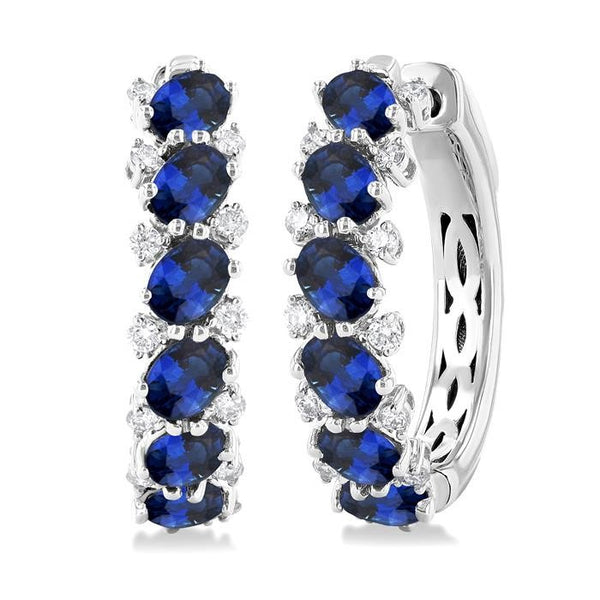4X3 MM Oval Cut Sapphire and 1/4 Ctw Round Cut Diamond Precious Hoop Earrings in 14K White Gold