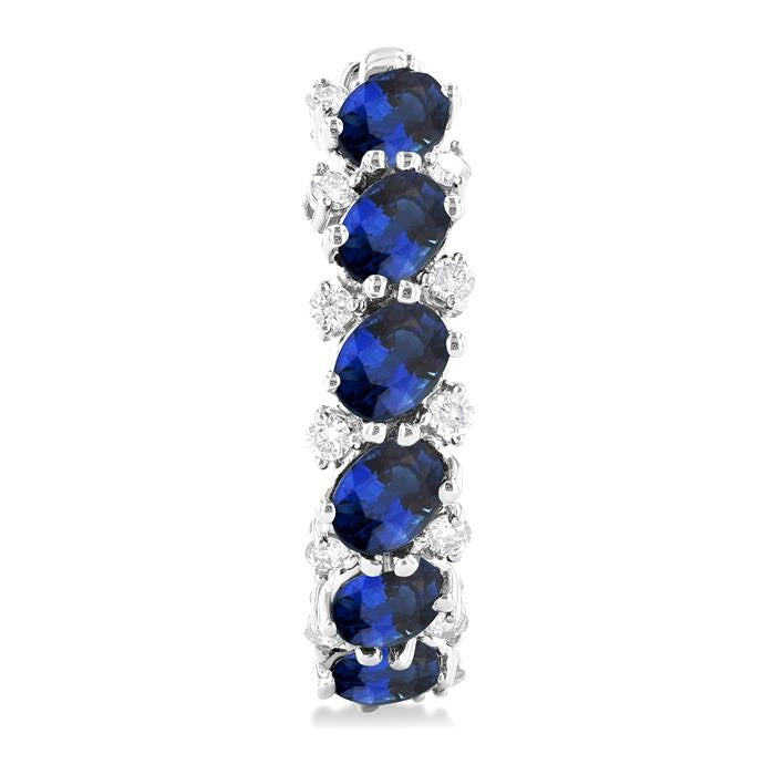 4X3 MM Oval Cut Sapphire and 1/4 Ctw Round Cut Diamond Precious Hoop Earrings in 14K White Gold