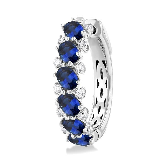 4X3 MM Oval Cut Sapphire and 1/4 Ctw Round Cut Diamond Precious Hoop Earrings in 14K White Gold