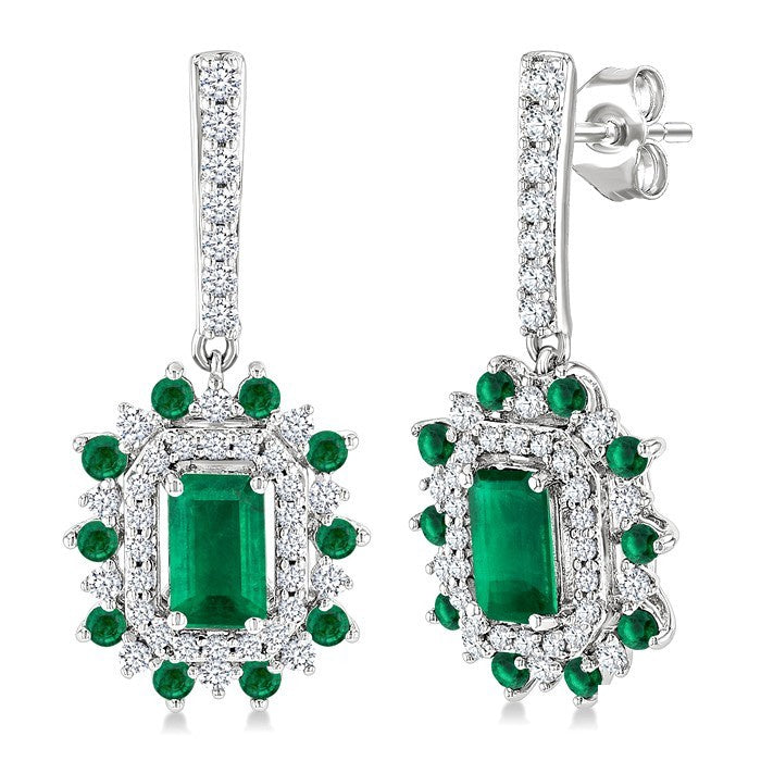 5X3 MM Emerald Cut & 1.45 MM Round Cut Emerald and 1/3 Ctw Round Cut Diamond Precious Earrings in 14K White Gold