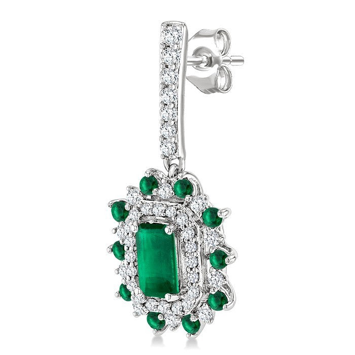5X3 MM Emerald Cut & 1.45 MM Round Cut Emerald and 1/3 Ctw Round Cut Diamond Precious Earrings in 14K White Gold
